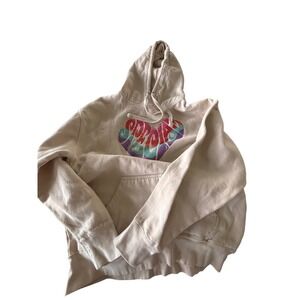 Womens Beige Graphic Hoodie Pullover Sweatshirt Spell Out Heart Logo